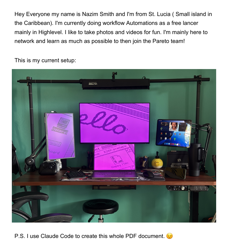 Nazim's Day 1 homework page: a short introduction and a photo of his desk setup with three screens, a tablet, lights and microphone.
